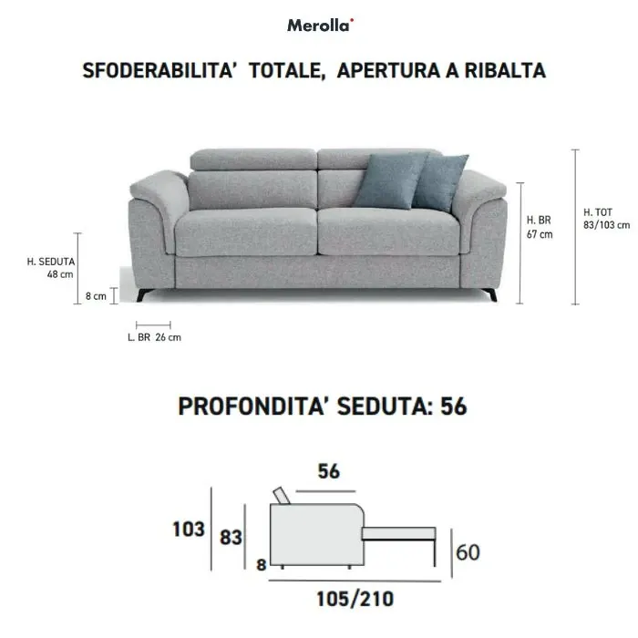Schema con le misure del divano letto Aquila: altezza 83 cm o 103 cm con poggiatesta sollevato, profondità seduta 56 cm, profondità 105 cm chiuso e 210 cm aperto