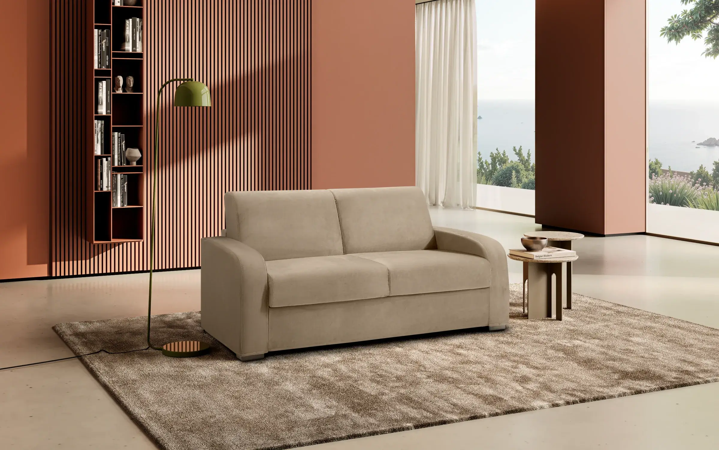 Divano letto Azalea due posti tortora in un living con parete color terracotta