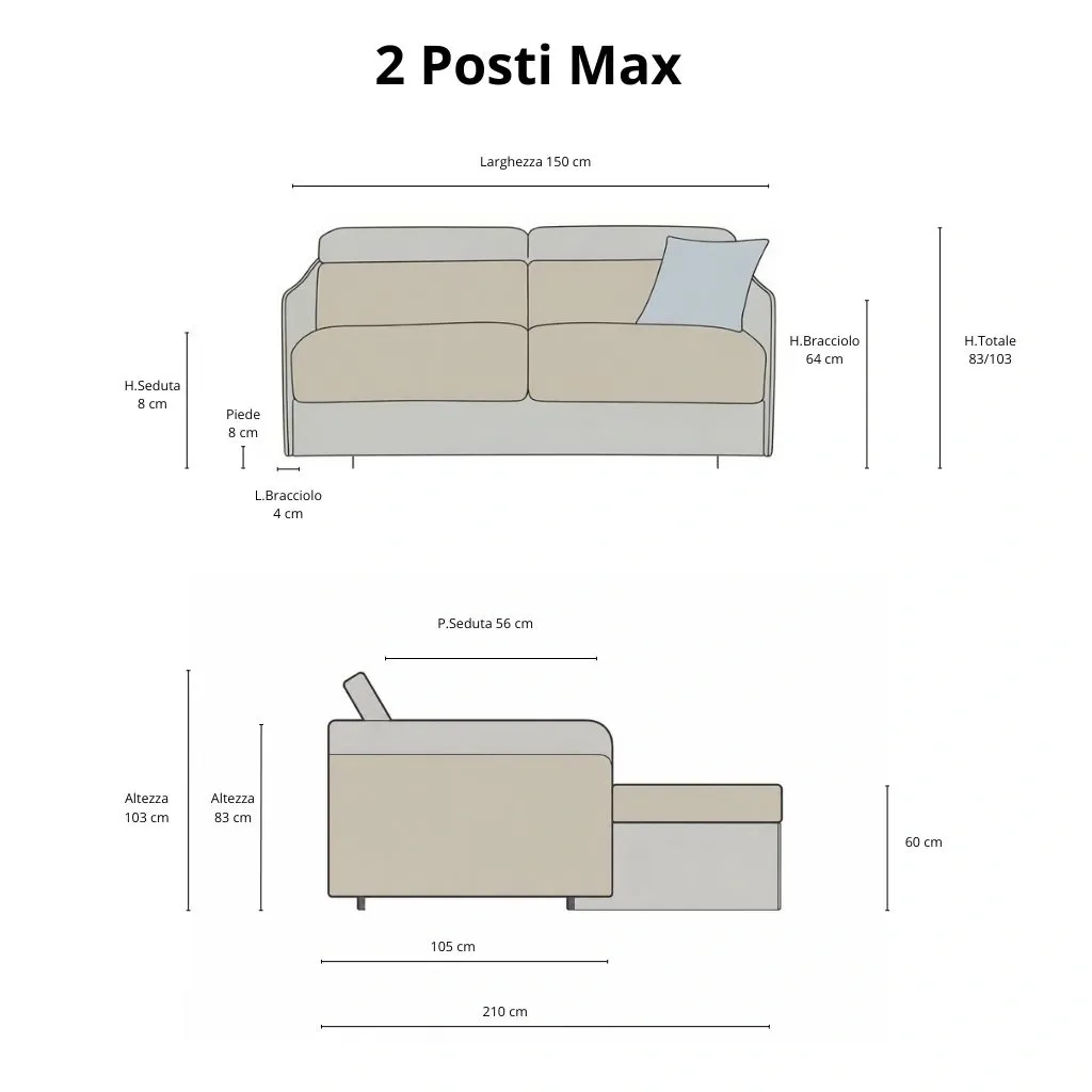 Schema con le misure del divano letto Lyra 2 posti max