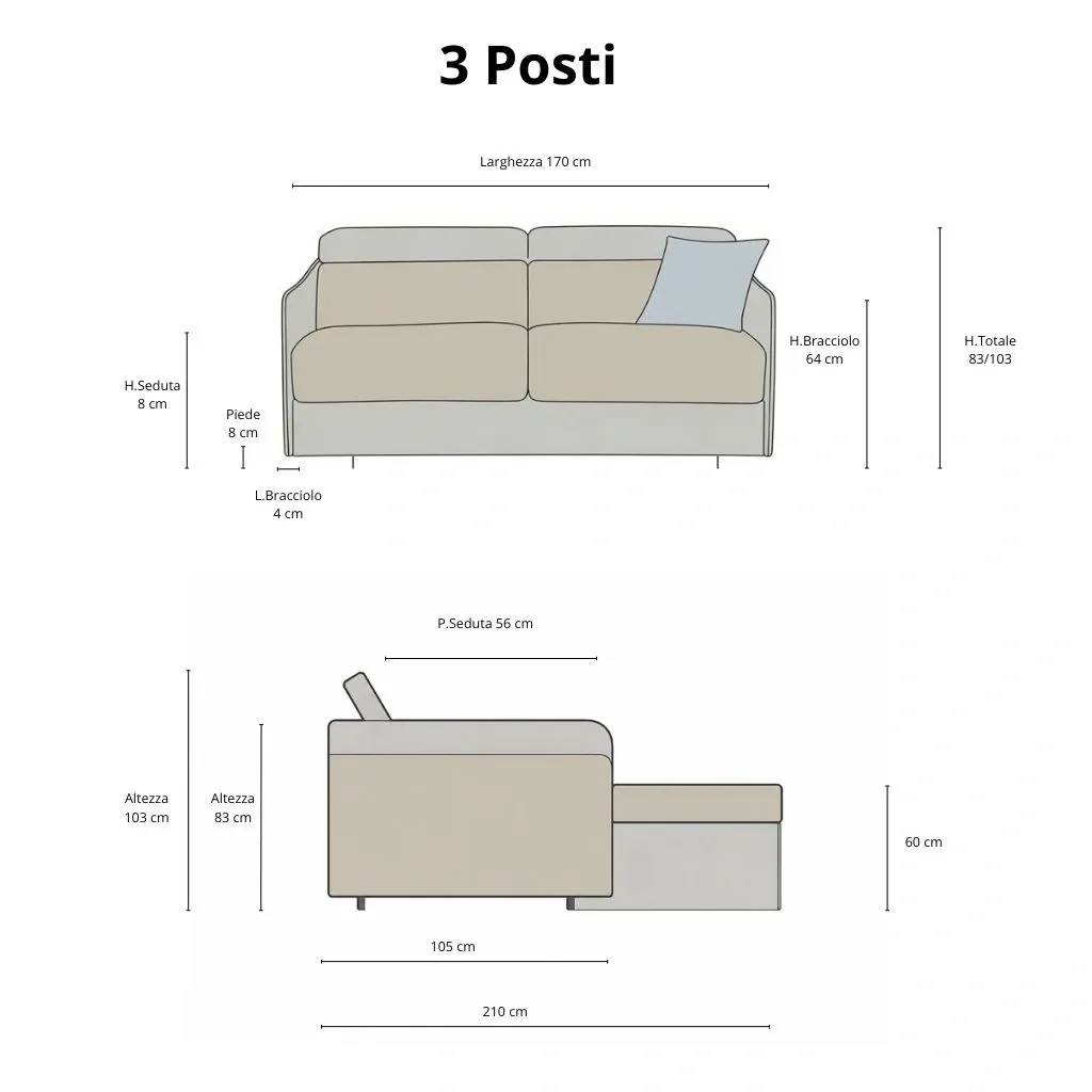 Schema con le misure del divano letto Lyra 3 posti