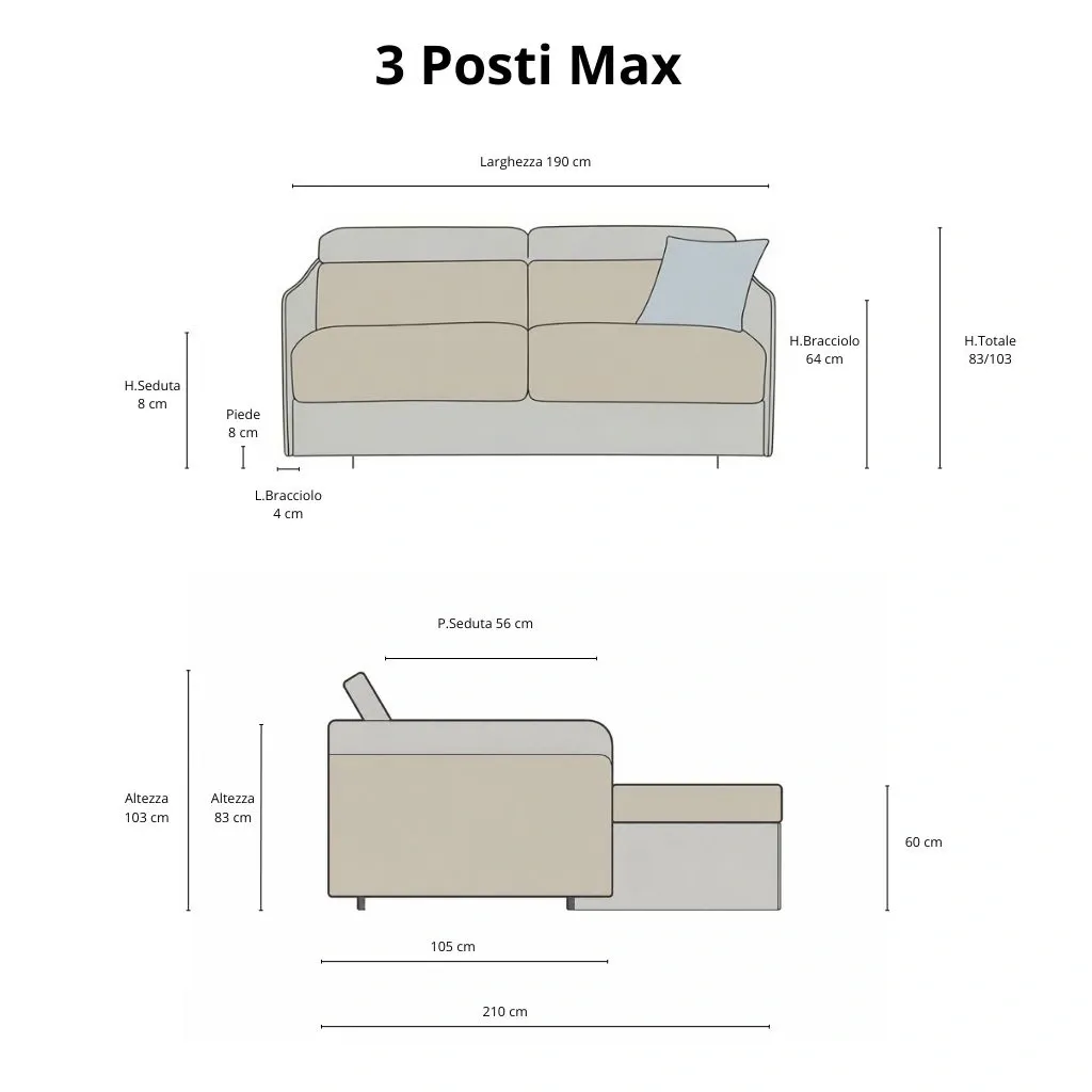 Schema con le misure del divano letto Lyra 3 posti max