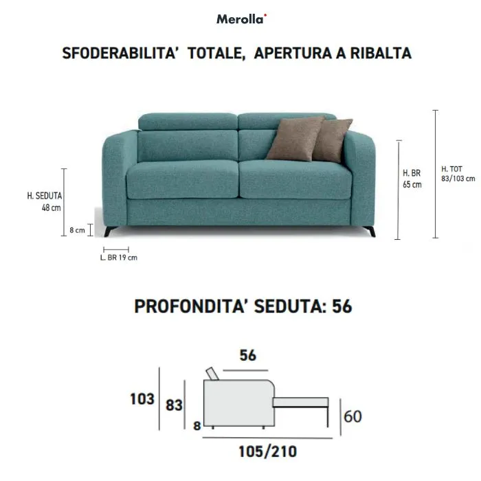 Schema con le misure del divano letto Orion