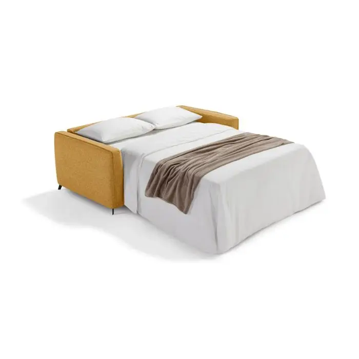 Divano letto Pegasus aperto, con il materasso pronto per la notte (immagine di catalogo)