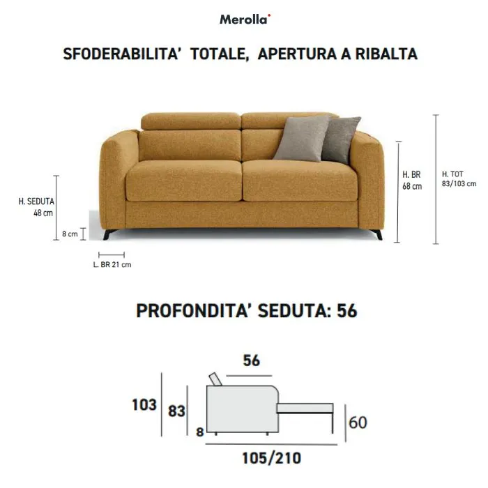 Schema con le misure del divano letto Pegasus