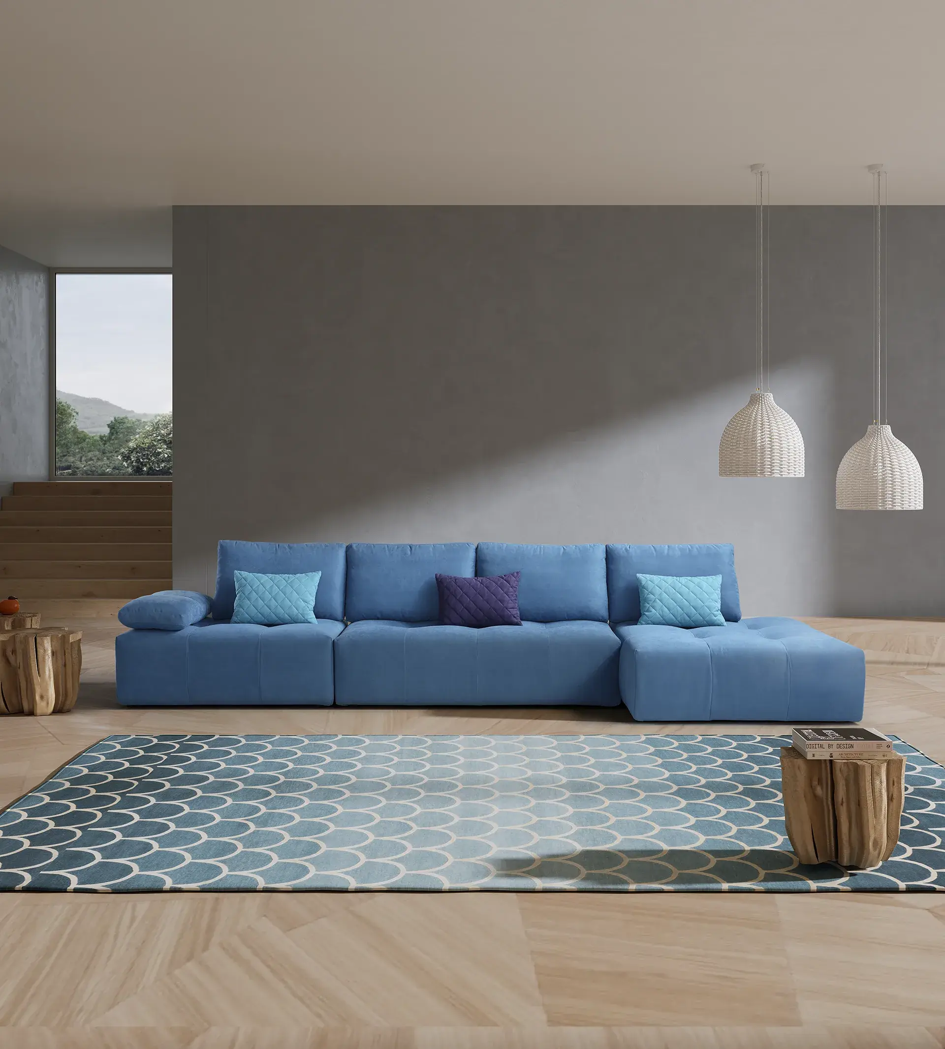 Divano modulare Rubik in tessuto azzurro con chaise longue, in un soggiorno con tappeto a squame