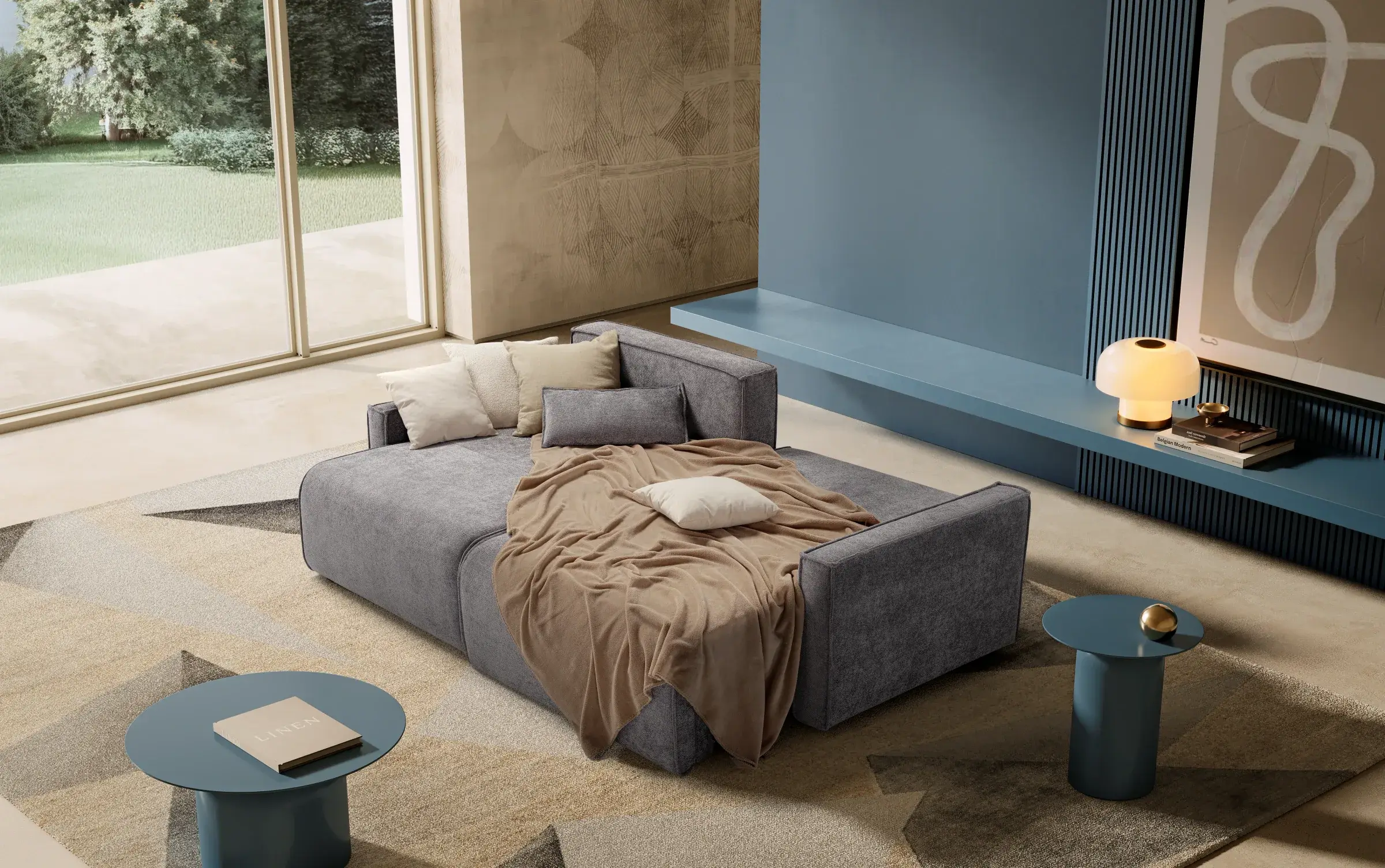 Divano Sirio aperto a letto con coperta, in un living con parete blu