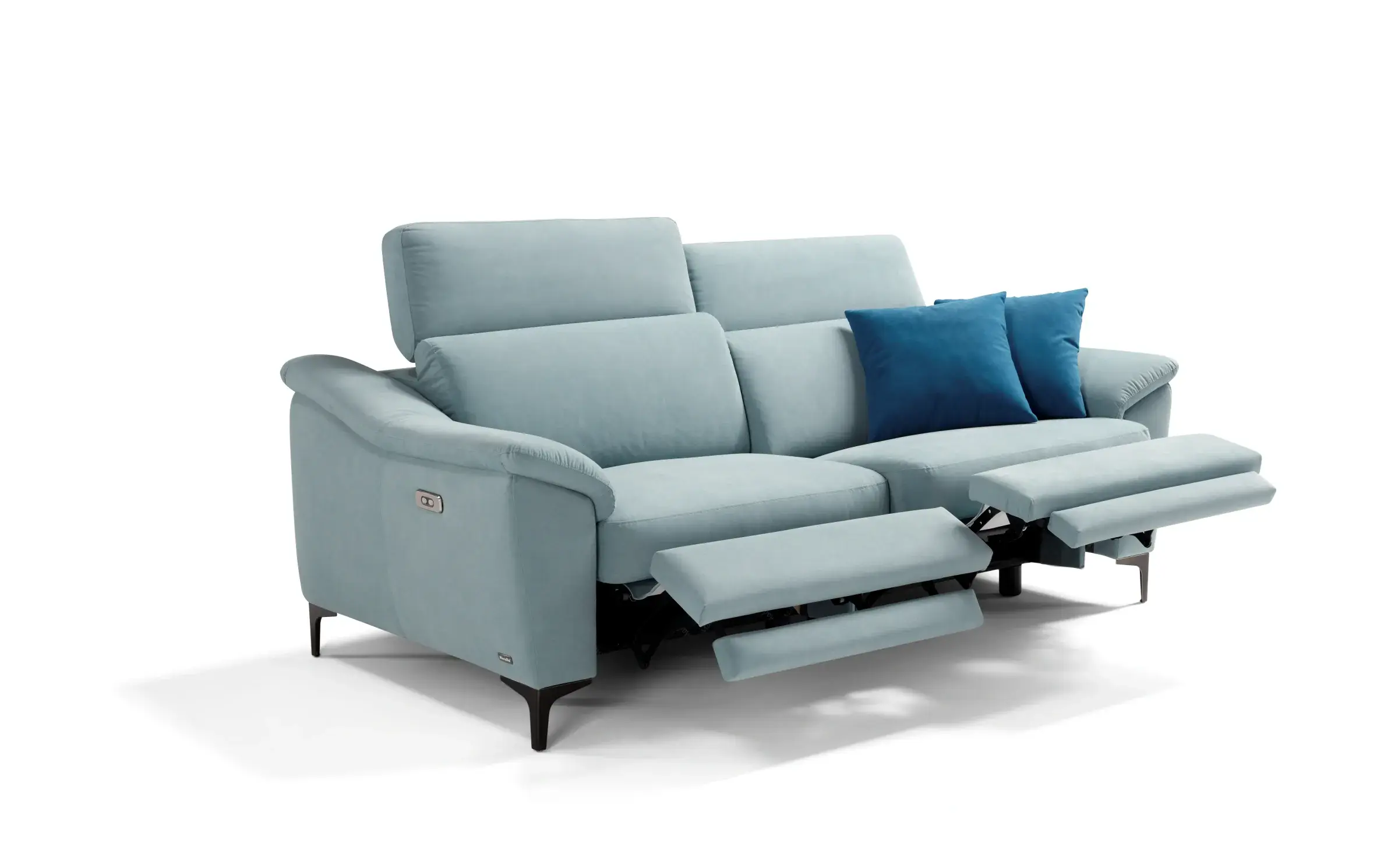 Divano Urano azzurro con le due sedute relax aperte